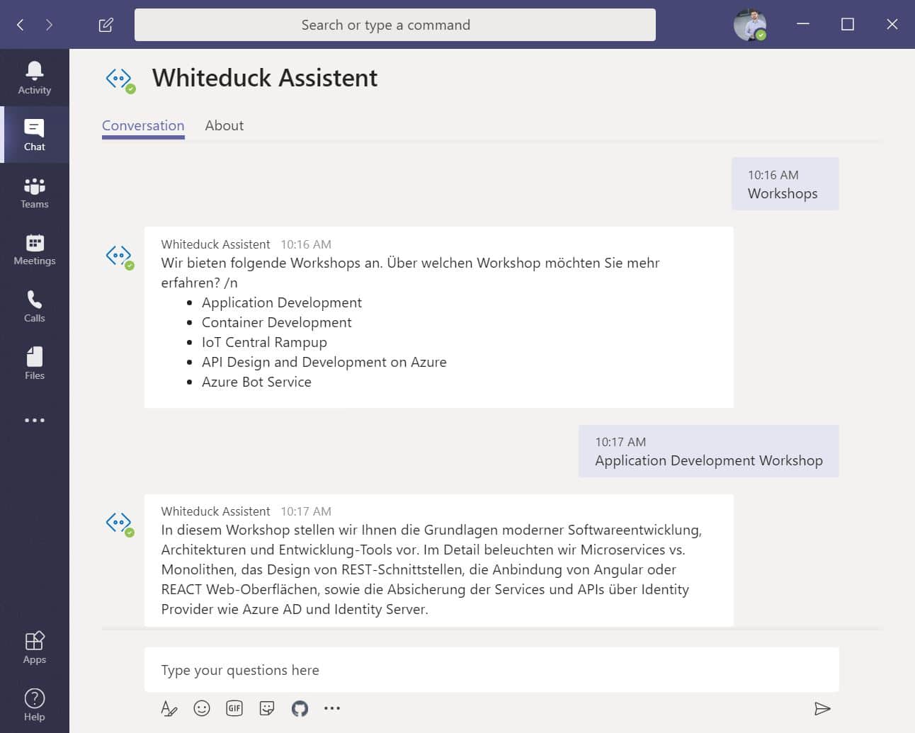 Azure Bot Service - Einfach und schnell intelligente Chatbots entwickeln! 2 chat bot teams integreation white duck johannes schweer