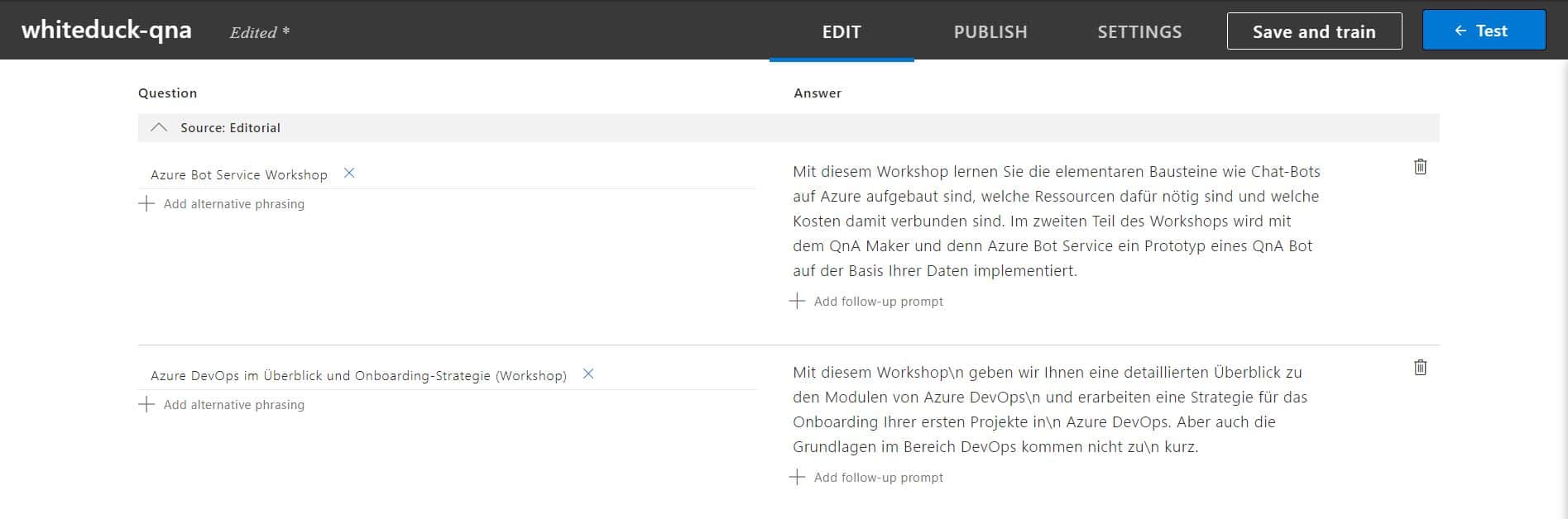 Azure Bot Service - Einfach und schnell intelligente Chatbots entwickeln! 3 qna maker knowledge base white duck johannes schweer