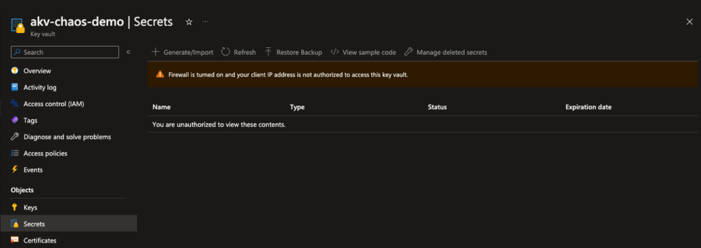 How to get started with Azure Chaos Studio 7 Get started with Azure Chaos Studio - Azure Key vault secret forbidden by firewall