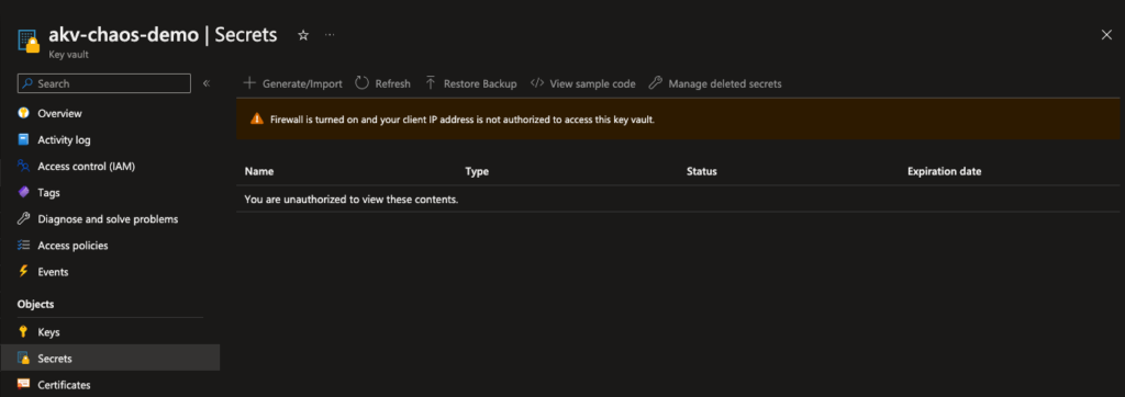 Get started with Azure Chaos Studio - Azure Key vault secret forbidden by firewall